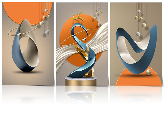 3 Pcs Modern Abstract Canvas Wall art Golden Deer Luxury Foil Lines Paintings Pictures Wall Decor White Blue orange color Grey posters Prints for Living Room Bedroom Office Home Decoration Unframed