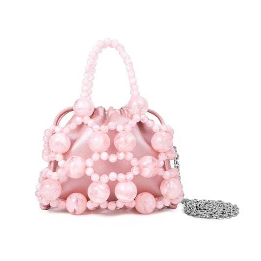 frrbuu Pink Beaded Handbag, Drawstring Closure with Beaded Handle, Detachable Silver Chain Strap, Mini Crossbody Bag