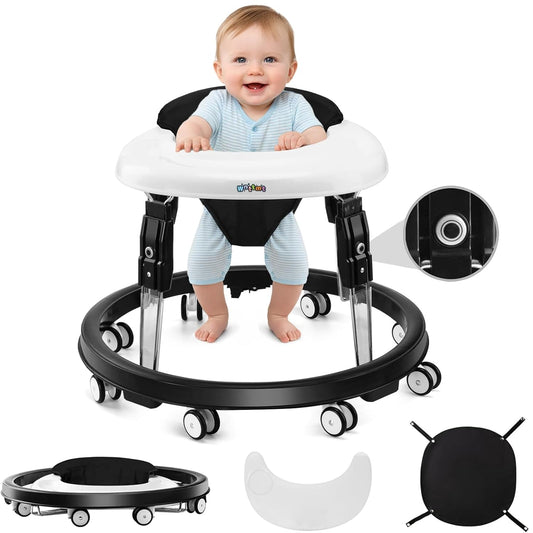 Wnttmt Baby Walker with Wheels, One-Touch Folding Baby Walkers with Height Adjustment, Large Dinner Plate and Brake, Walker for Baby Boy Girls 6-18 Months, Black