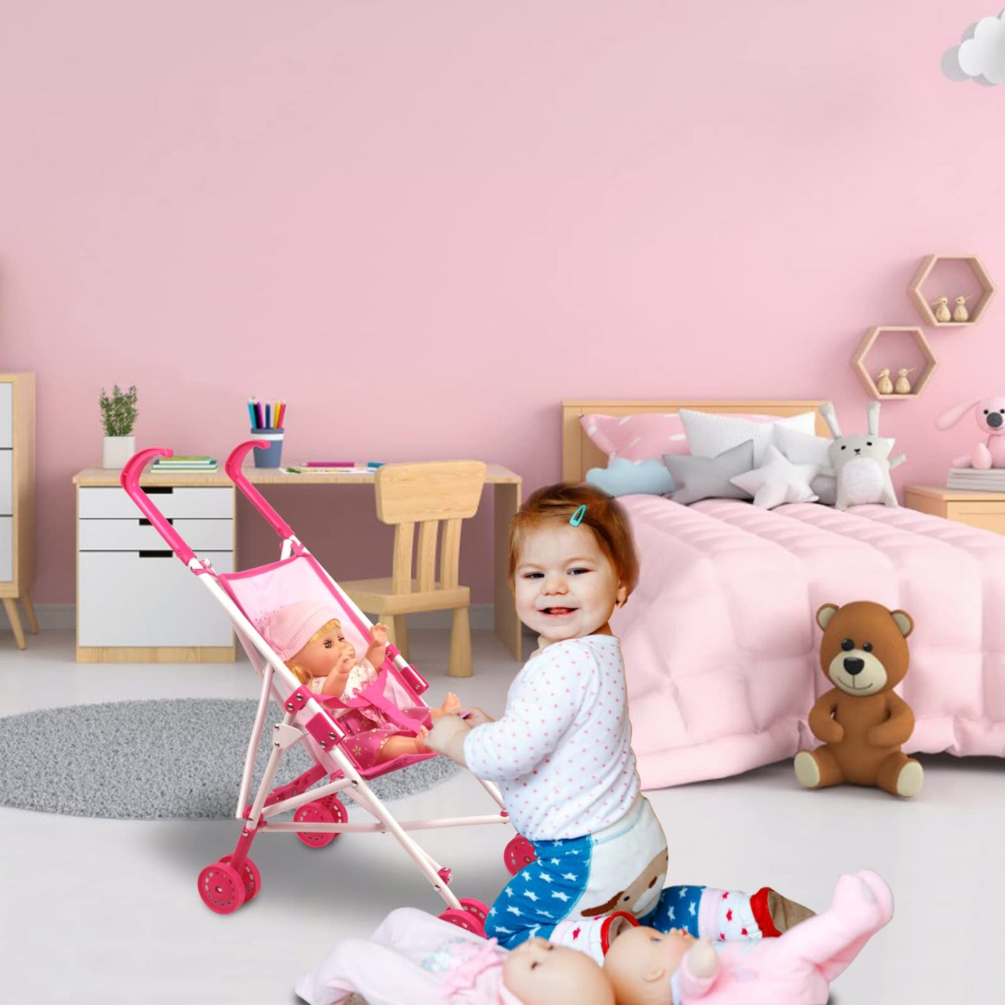 Anivia Baby Doll Collection Doll Stroller Heart Design Gifts for Toddlers and Girls Foldable Doll Stroller