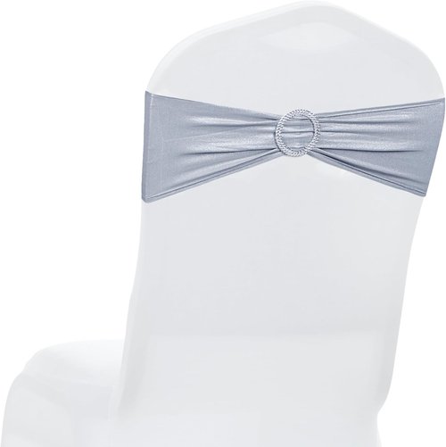 MDS Spandex Foil Chair Sashes - Universal Fit Elastic Stretch Bands with Buckle | Metallic Silver, Pack of 75