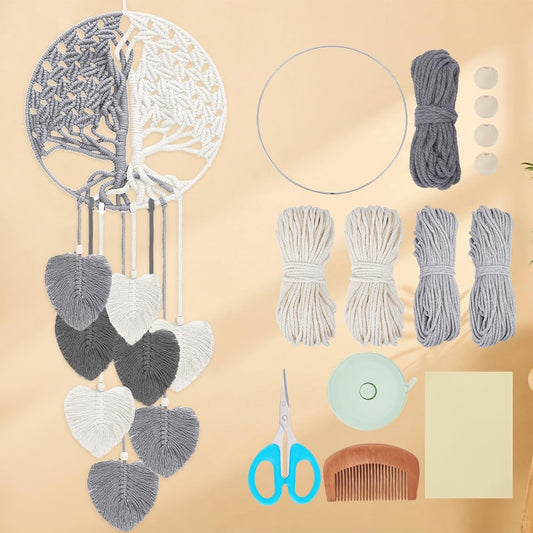 ACRNIGHEET DIY Macrame Kit for Adults Beginners DIY Boho Macrame Leaves Tree of Life Wall Hanging Making Kits with Macrame Supplies Wall Hanging Kit Ornaments for Home Decor Craft Gifts(Grey Series)