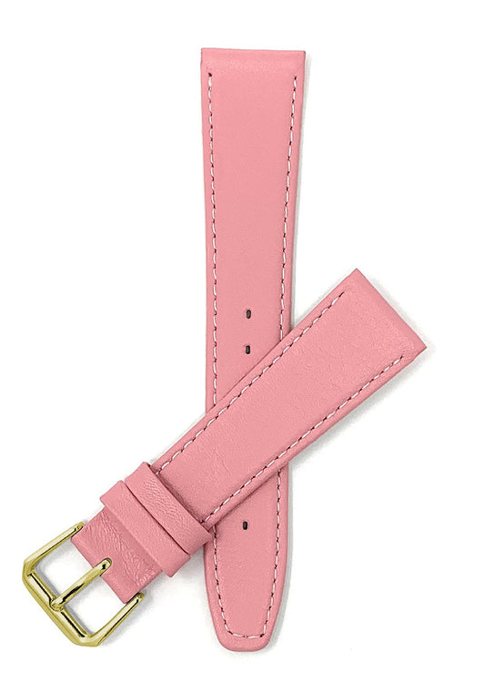 Bandini 18mm Italian Leather Watch Strap Band - Pink with Stitching - Classic - Slim - Gold Buckle