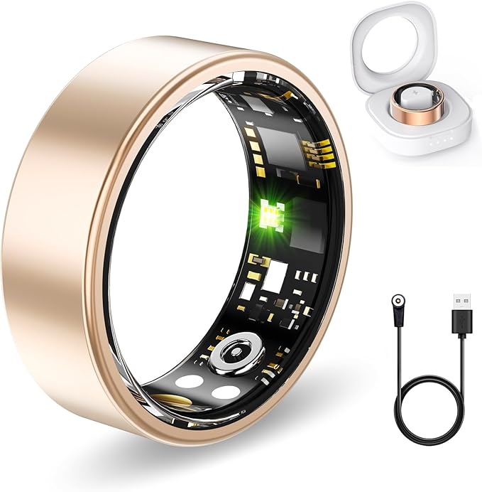 Smart Health Rings for Women Men, Fitness Tracker with Heart Rate, Blood Oxygen, HRV, Sleep Tracker, Step Tracker, No Subscription Fee, IP68 Waterproof Smart Ring for iphone & Android (Gold, 12#)
