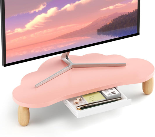16.5In AFOOYO Monitor Stand Riser,Cloud-Shaped Sturdy Wood Computer Monitor Riser Wirh Drawer, Multi-Purpose Desktop