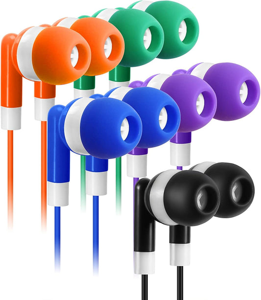 30 Pack 5 Keewonda Multi Color Earbuds for Kids, In-Ear, Wired, Colors (Black, Blue, Orange, Green, Purple), Compatible