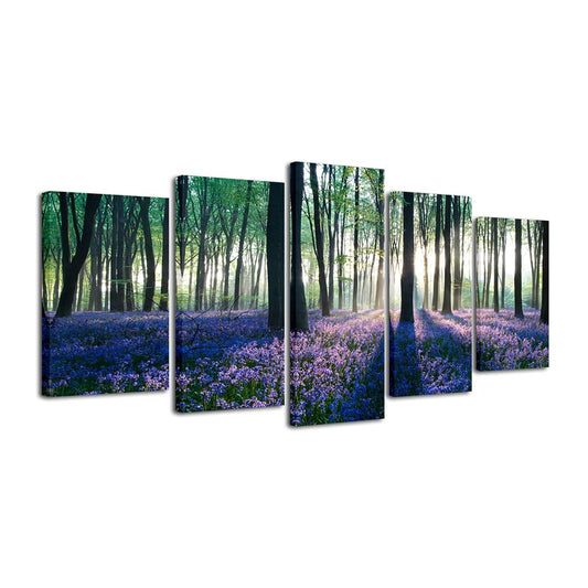 Pyradecor Early Morning Lavender Canvas Prints Wall Art Purple Floral Pictures Paintings for Bedroom Kitchen Bathroom Home Decor Modern 5 panels Stretched Flowers Landscape Artwork