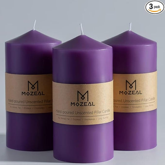 MOZEAL 3" x 6" Hand-Poured Unscented Purple Pillar Candles,Dripless Candles Set of 3,Long Lasting Burning,Approx 100 Hours Burn Time for Wedding,Dinner,Christmas and Home Decor