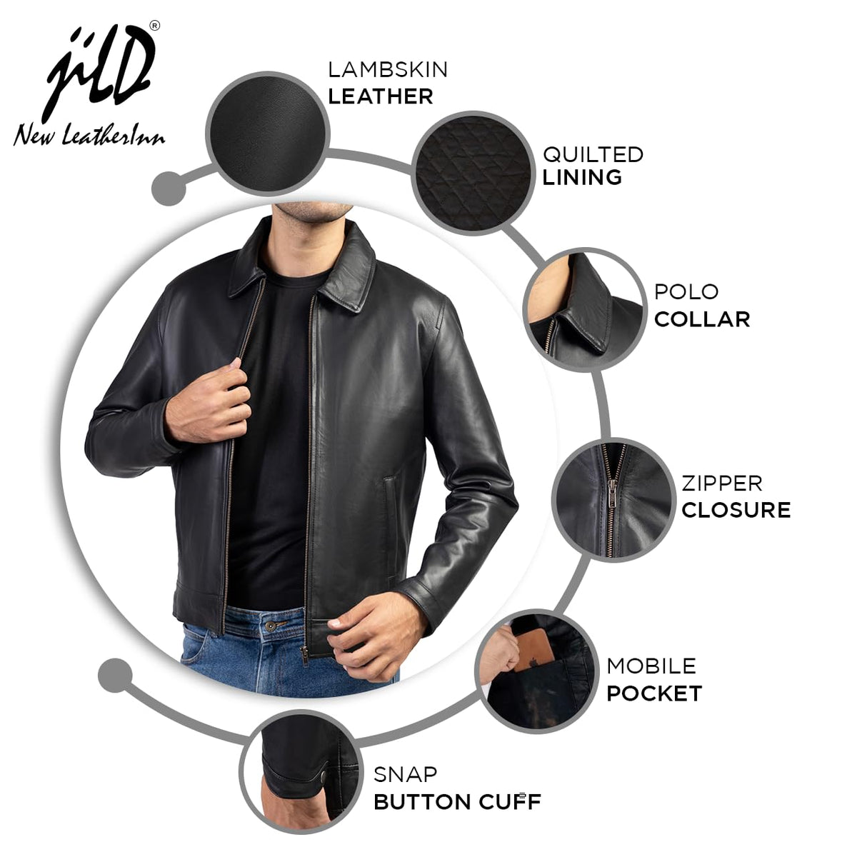 Jild Polo Collar Premium Leather Jacket Men - Old School Classic Style Everyday Wear Real Lambskin Mens Leather Jacket (Polo-Blk-3XL)