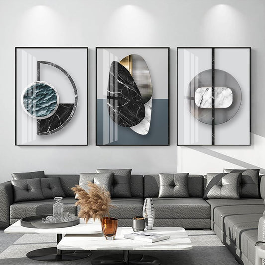 QKF 3 Pieces Modern Funky Wall Art For Living Room Geometry For Home Decoration Pictures Dark On Abstract Canvas Print Paintings Bedroom Bathroom Office Posters & Prints (Medium Size 16x24inch)