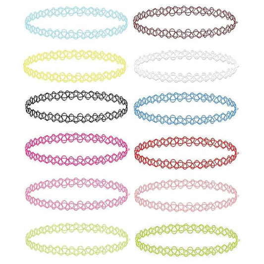 BodyJ4You 12PC Tattoo Choker Necklace - 90s Accessories 2000s Jewelry Y2K Fashion Vintage Trendy - Vibrant Pink Blue White Green Black - Adjustable Stretchy Elastic Necklace Summer Vacation Gift Set