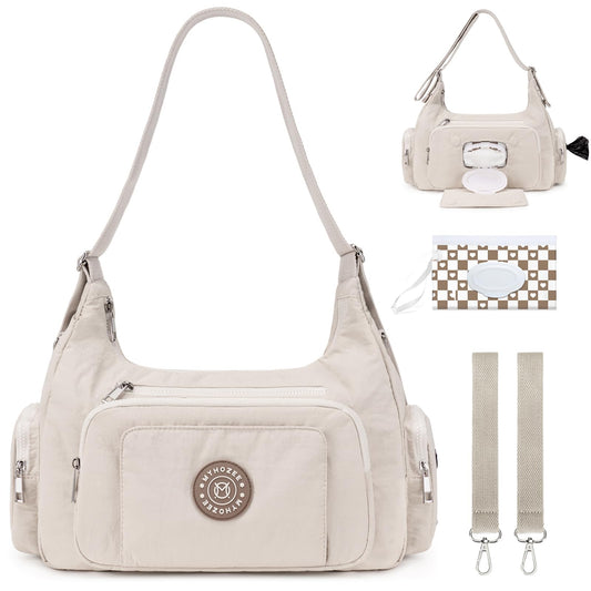 MYHOZEE Puffer Crossbody Diaper Bag for Mom - Lightweight Nylon Mom Bag Purse with Wipes & Trash Bag Dispenser - Compact Stroller Organizer Bag with Insulated Pocket, Water-Resistant, Apricot