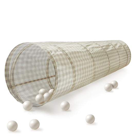 3 Sprouts Kids Play Tunnel - Pop Up Collapsible Tunnels with Recycled Fabric - Fun Crawling Tunnel for Toddler, Baby, Children to Crawl Through, Gross Motor Toy for Indoor Play - Gingham Beige