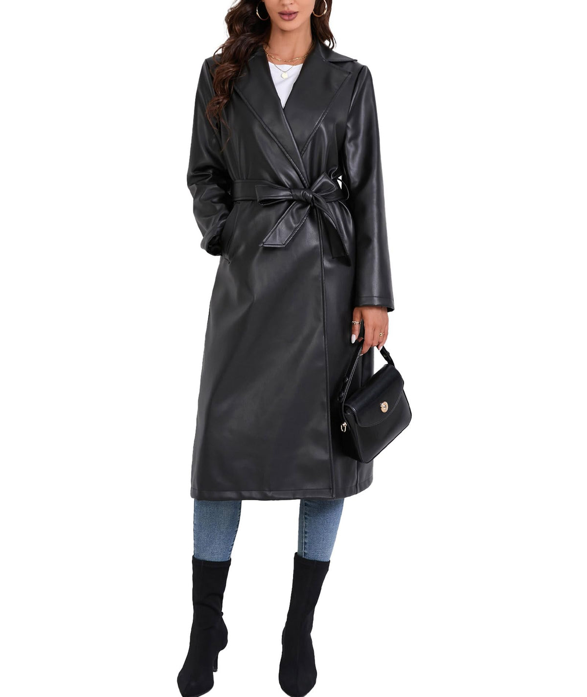 xxxiticat Women's Leather Trench Coat Long Sleeve Open Front Motorcycle Lapel Belted Tie Long Black Faux Leather Jacket(BL,S)