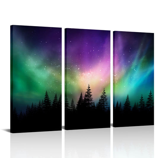 Innopics Northern Lights Wall Art Green Aurora Starry Home Decor Forests Landscape Pictures Photography Canvas Prints Art for Living Room Bedroom Offices 12" W x 24" H x3PCS
