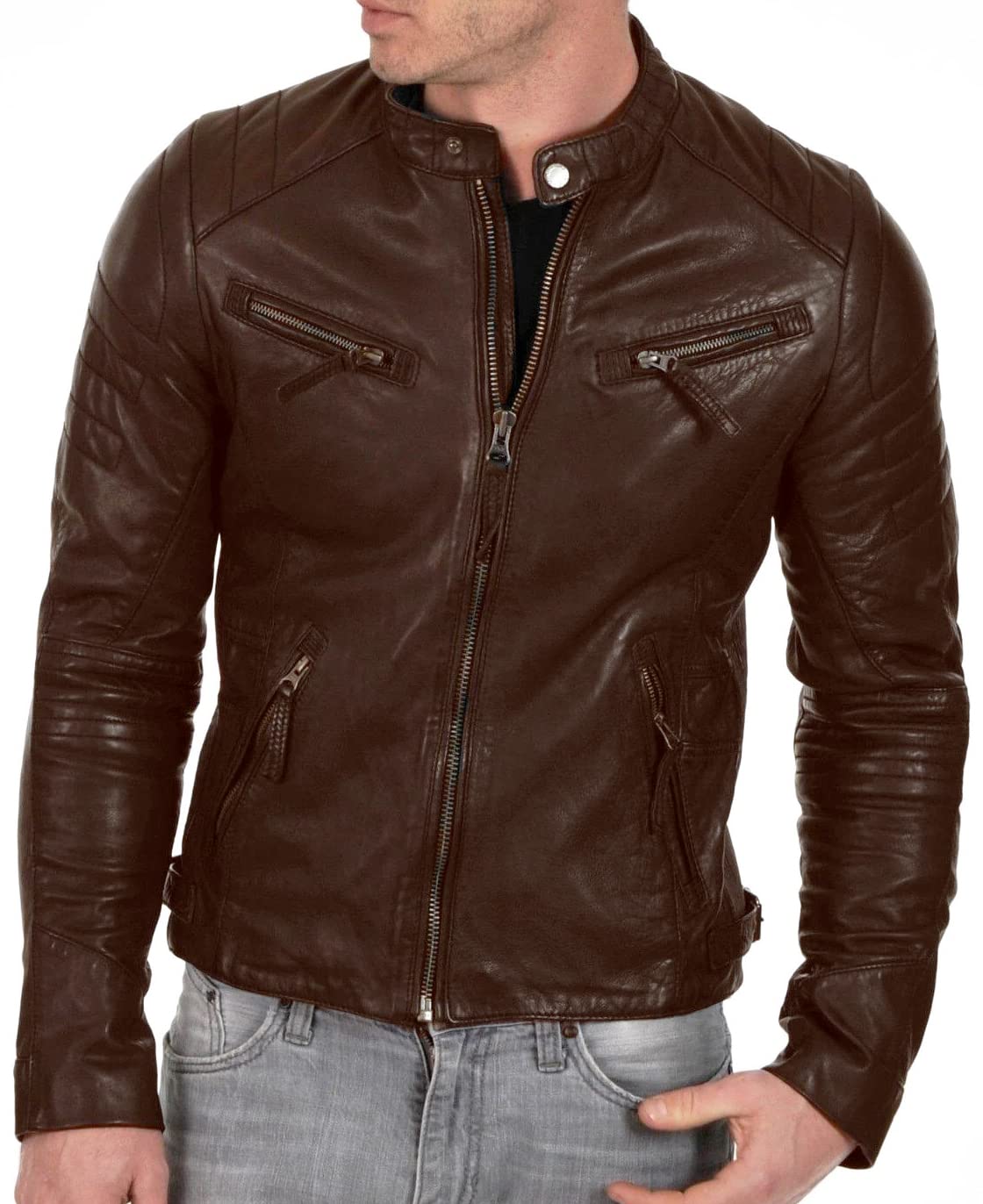 DECIMAL Men's Black & BROWN Genuine Lambskin Leather Biker Jacket VINTAGE REAL MOTORCYCLE JACKETS FOR MEN (L, BROWN)