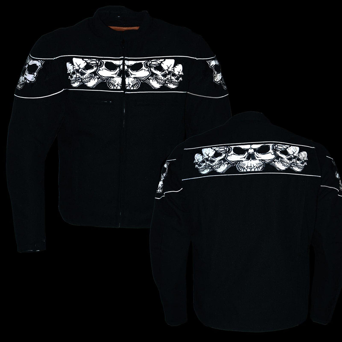 Milwaukee Leather MPM1730 Men's Black Padded Textile All Season Motorcycle Jacket w/Reflective Skulls Artwork - X-Large