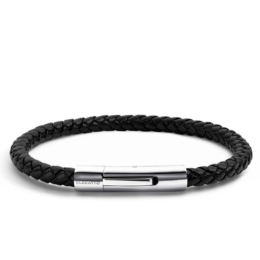 Elegatto Elagio Premium Braided Leather Bracelet for Men | Full-Grain Braided Leather with Sterling Silver Polished Stainless Steel Clasp | Men’s Designer Bracelets | Large