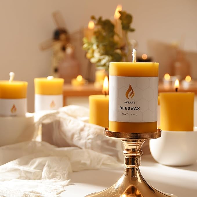 3PCS Beeswax Pillar Candles,Large Handmade Pure Beeswax Candle,Long Lasting Burn Time，Unscented Smokelessï¼? * 3",20H, Raw