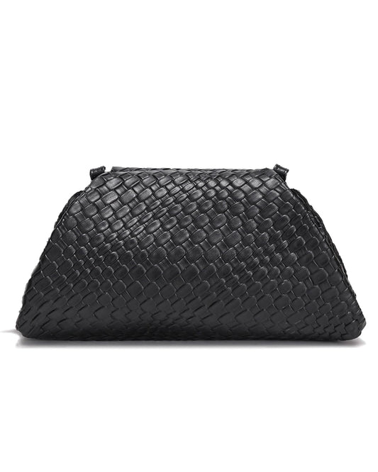 SUANNI Black Woven Vegan Leather Evening Bag, Dumpling Clutch Purse for Women, Shoulder Crossbody Bags with Adjustable & Detachable Strap, Clasp Closure Handbag for Party Wedding Weekends