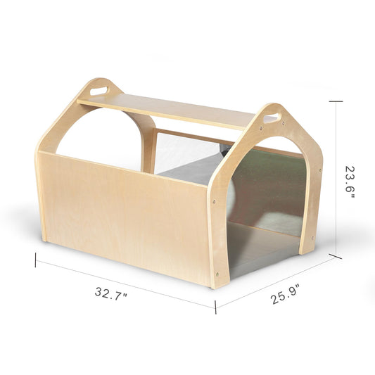 KRAND Wooden Playhouse for Toddlers w/Double Non-Shatter Safety Mirrors, Montessori Crawling Tunnel/Crawl-Through Play Set for Children and Kids, Daycare and Preschool Playroom(with Cushion)