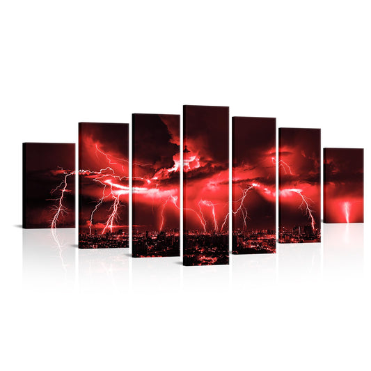 Biuteawal Large 7 Piece Black and Red Wall Art Lightning Strikes Cityscape Night Pictures Canvas Print Nature Storm City Skyline Painting Artwork for Home Living Room Decoration