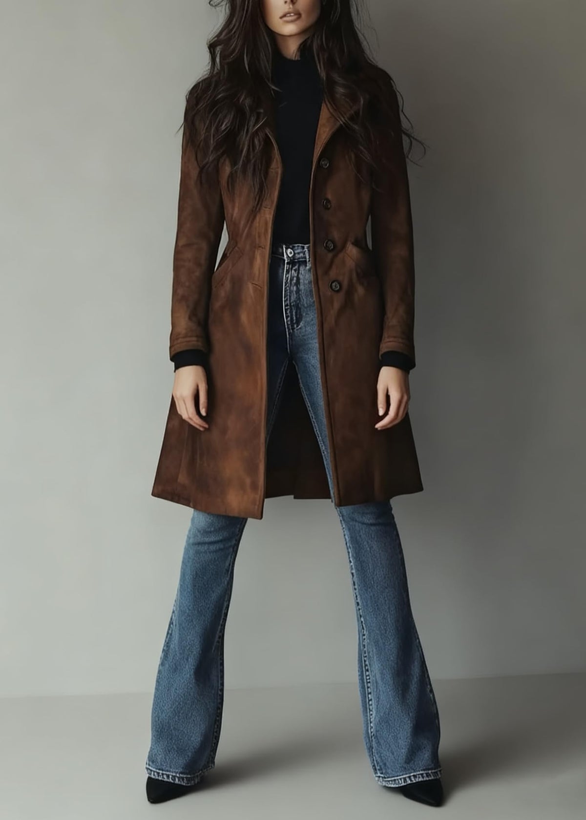 chouyatou Women's Fall Faux Suede Leather Trench Coat Casual Lapel Midi Long Dressy Blazer Jacket Coat with Pockets (X-Small, Coffee Brown)