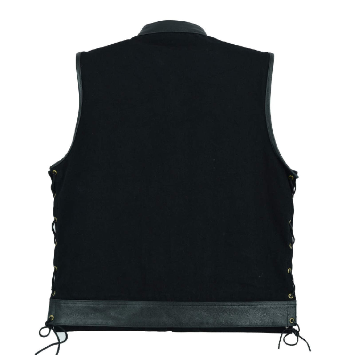 Leatherick Mens Side Lace Black Denim Vest with Leather Trims for Motorcycle Bikers (XL)