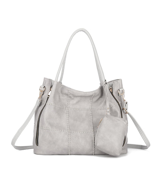 myfriday 2pcs Soft Faux Leather Tote Bag for Women Set, Slouchy Shoulder Handbag Vintage Top Handle Purse with Coin Purse (Grey)
