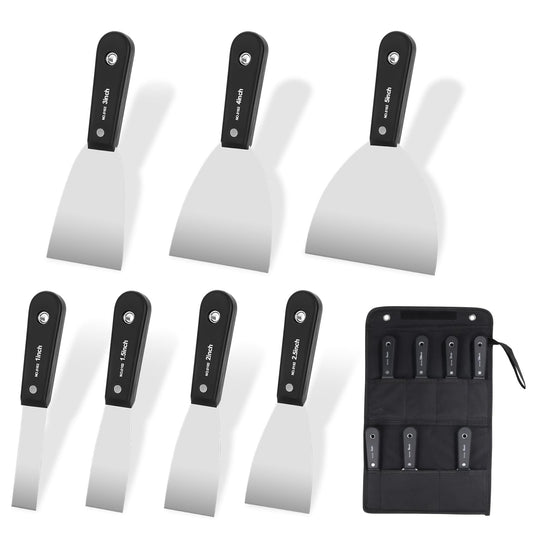 weiwei 7 PCS Metal Putty Knife Set Multi-sized Spackle Knife with Storage Bag Rustproof Putty Scraper Knives Drywall Tools for Wall Repair Wall Paint Spreading Drywall Spackle and Mud for Craftsman