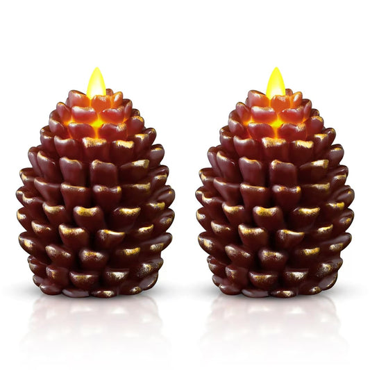 YIOJOYD Christmas Pinecone Candles Flameless,Battery Operated Candles with Flickering Wick,Indoors Fake Candle,Christmas Candle Pine Cones Holiday Decor,Winter Thanksgiving Decorations,Set of 2