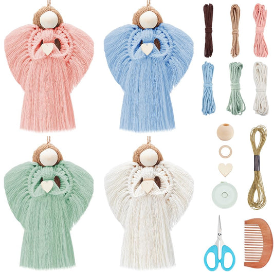 FREEBLOSS 4 Set Beginners Macrame Kit DIY Macrame Angel Kit DIY Macrame Kit for Beginners with Instructions Boho Angel Decor Adults Craft Kit for Adults Christmas Gift