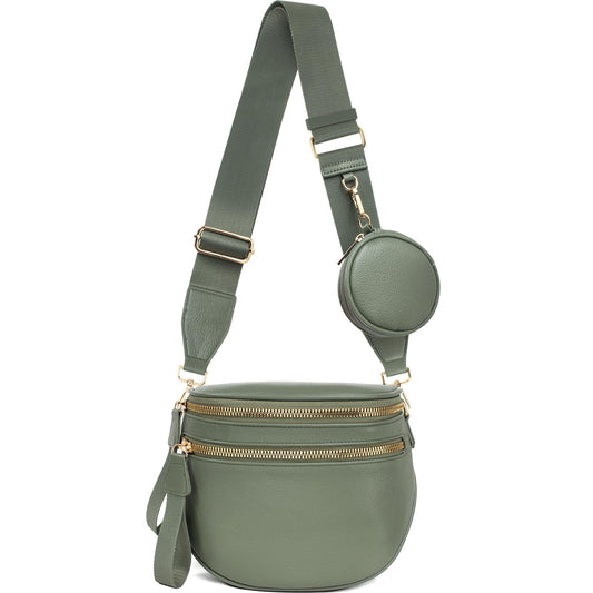 Valentoria Fashionable Womens Leather Waist Bag Crossbody Bag Detachable Wallet Adjustable Shoulder Strap (Bean Green)