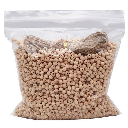 INSPIRELLE 4500pcs 6mm Natural Wood Beads Unfinished Round Wooden Loose Beads Wood Spacer Beads with 10M Jute Twine for Craft Making Home Decoration