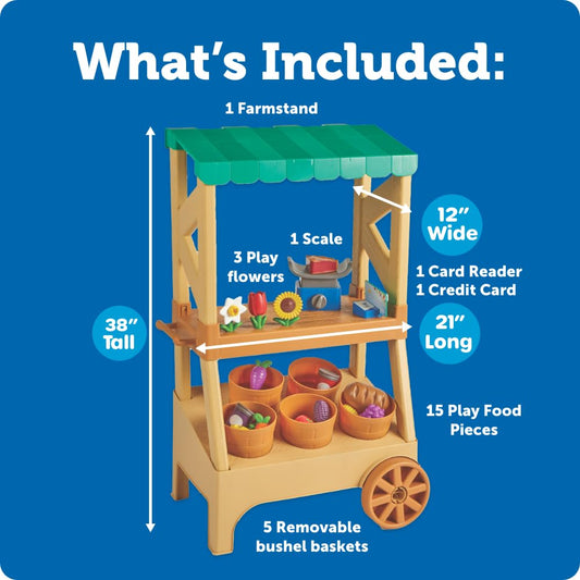 Learning Resources My First Farmstand - Farmers Market Stand Toy for Kids, Rolling Cart with Pretend Play Food, Fruit and Vegetable Baskets, Toddler & Preschool Grocery Shopping Playset