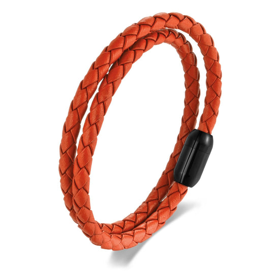 BIYONGDE Braided Orange Color Leather Bracelet,Double Wrap Bracelet with Black Stainless Steel Clasp, Two- way of Wearing as Mens Bracelet or Womens Choker Necklace, Urban and Minimalist Style