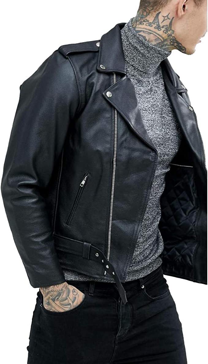 Lishow Fashion Men's Biker Rider Motorcycle Motorbike Rocker Retro Genuine Cowhide Leather jacket By Reclaimed Vintage (US, Alpha, XX-Small, Regular, Regular, Black)