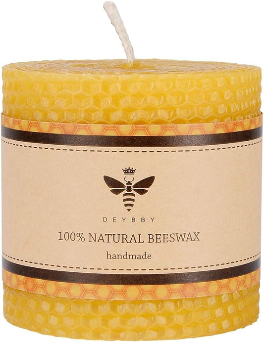 3×3 in Beeswax Pillar Candle - Handmade Pure Beeswax Rolled Candle for Gift & Home Decor