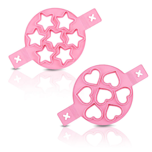 2PCS Pancake Maker Mold, 7 Cavity Star/Heart Shape Nonstick Reusable Silicone Egg Mold Ring with Handle Kitchen Cooking Baking Tools for Muffin Fried Egg Burger