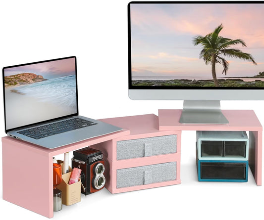 2 37 inch 2 (2 8''H) TEAMIX Pink Dual Monitor Stand Riser with Drawers - Length and Angle Adjustable Double Corner Desk