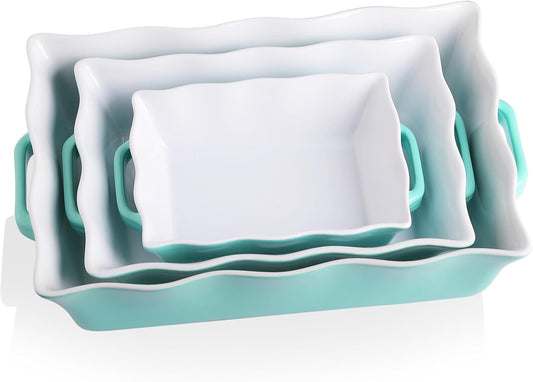 Sweejar Casserole Dishes - Ceramic Bakeware Set of 3 with Handles | Rectangular Wave Edge Lasagna Pan (Turquoise)