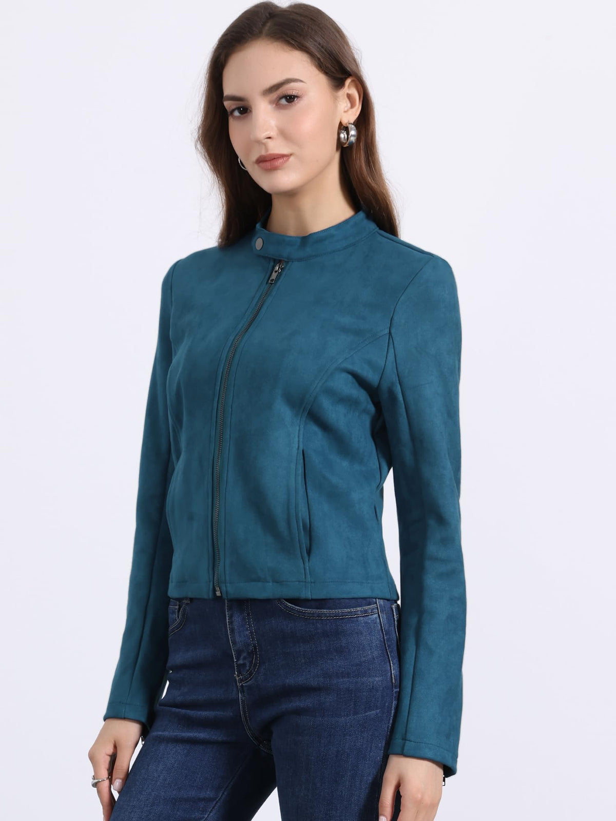 Allegra K Women's Faux Suede Jacket Stand Collar Zip Up Long Sleeve Motorcycle Biker Coat Small Peacock Blue