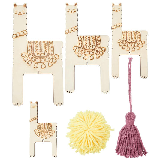 ORIGACH 4 Pcs 3 in 1 Wooden Llama Pom Poms and Tassel Maker -Knitting Tool -Loom Fluff Ball Making Knitting Craft Tool for Tassel Lace Knot Weaving Handicrafts