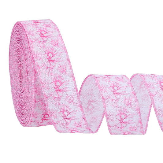 FINGERINSPIRE 16Yards Pink Floral Bow Wired Edge Ribbon 1-1/2 inch Wide Flower Bowknot Fabric Ribbons Pink Bowknot Decorative Webbing Ribbon for DIY Crafts Wreath Bow Making DIY Craft Supplies