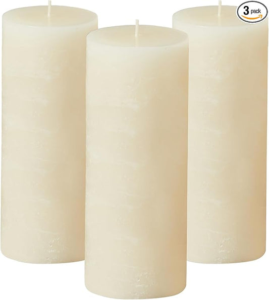 Simply Soson 3x8 inch Ivory Pillar Candles Set of 3, Rustic Texture, Unscented Ivory Candles, Dripless Candles, 3 inch Pillar Candles Ideal as Wedding, Parties, Spas, Dinner, Home Decoration, Church