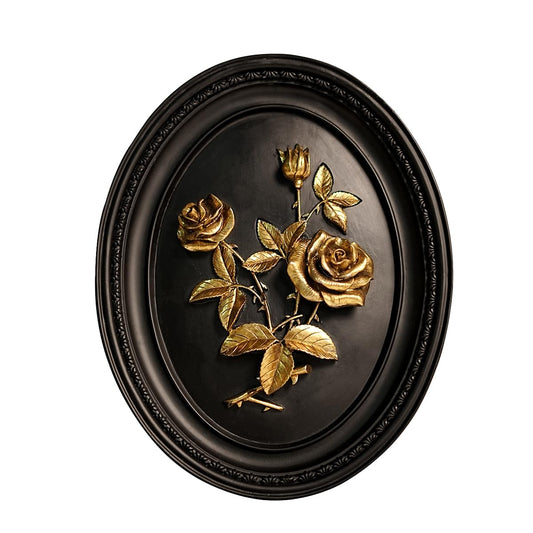 BILXIM Vintage Wall Sculpture, Ornate Black and Gold Rose Relief Oval Wall Art, French Country Resin Floral Plaque Decor for Living Room Bedroom Gallery Wall