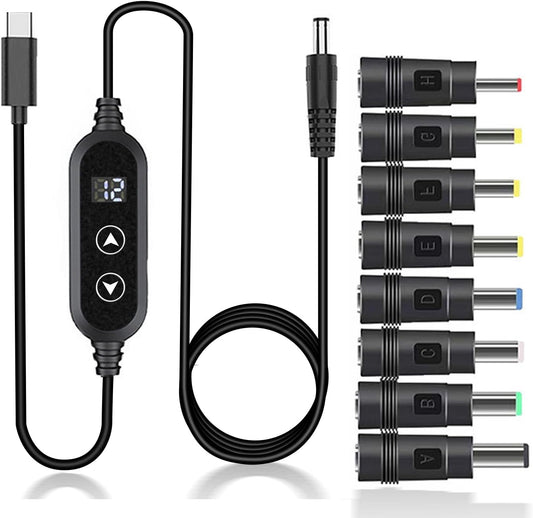 Yancincny 5V/9V/12V/15V/20V 8 (3.9ft) USB C to DC Cable with DC Conversion Heads and LED Display Screen, USB to DC