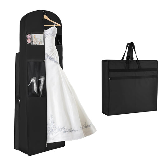 KEEGH Wedding Dress Garment Bag, 72” Tri-fold Bridal Dress Bags for Gowns, With Accessory Pockets and Adjustable Buckle Dress Cover for Wedding/Prom/Travel/Closet Storage (Black)