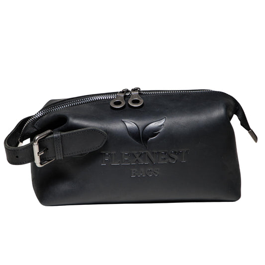 Flexnest Crazy Horse Leather Toiletry Bag for Men – Vintage Travel Dopp Kit Organizer with Spacious Compartment, Durable Leather, Smooth Zipper & Sturdy Handle (Black)
