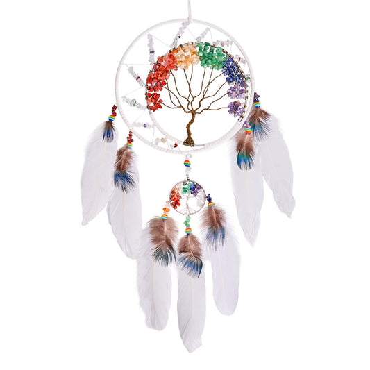 7 Chakras White Tree of Life Dream Catchers Wall Decor with Rainbow Healing Crystal Stone Handmade Art Feather Dreamcatcher Wall Hanging Ornament for Bedroom Decor Blessing Gift Wedding Party-23.6"